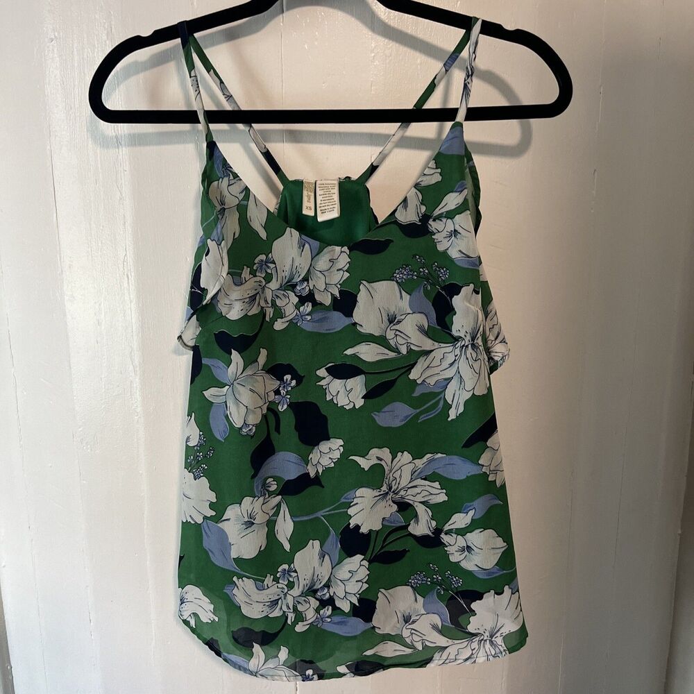 Japna Green Floral Strappy Sleeveless Blouse Top Sz XS Sheer ruffles